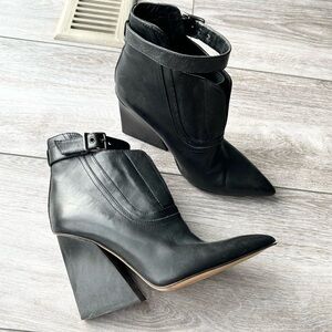 Zara Chunky Heel Pointed Toe Ankle Straps Leather Cowboy Booties Made in Spain